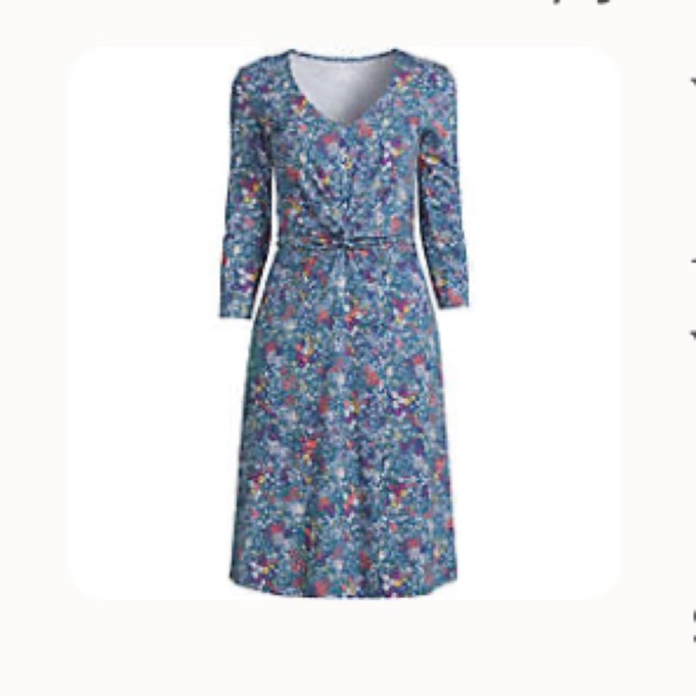 Land’s End Women's Cotton Modal 3/4 sleeve v neck floral Fit & Flare dress
